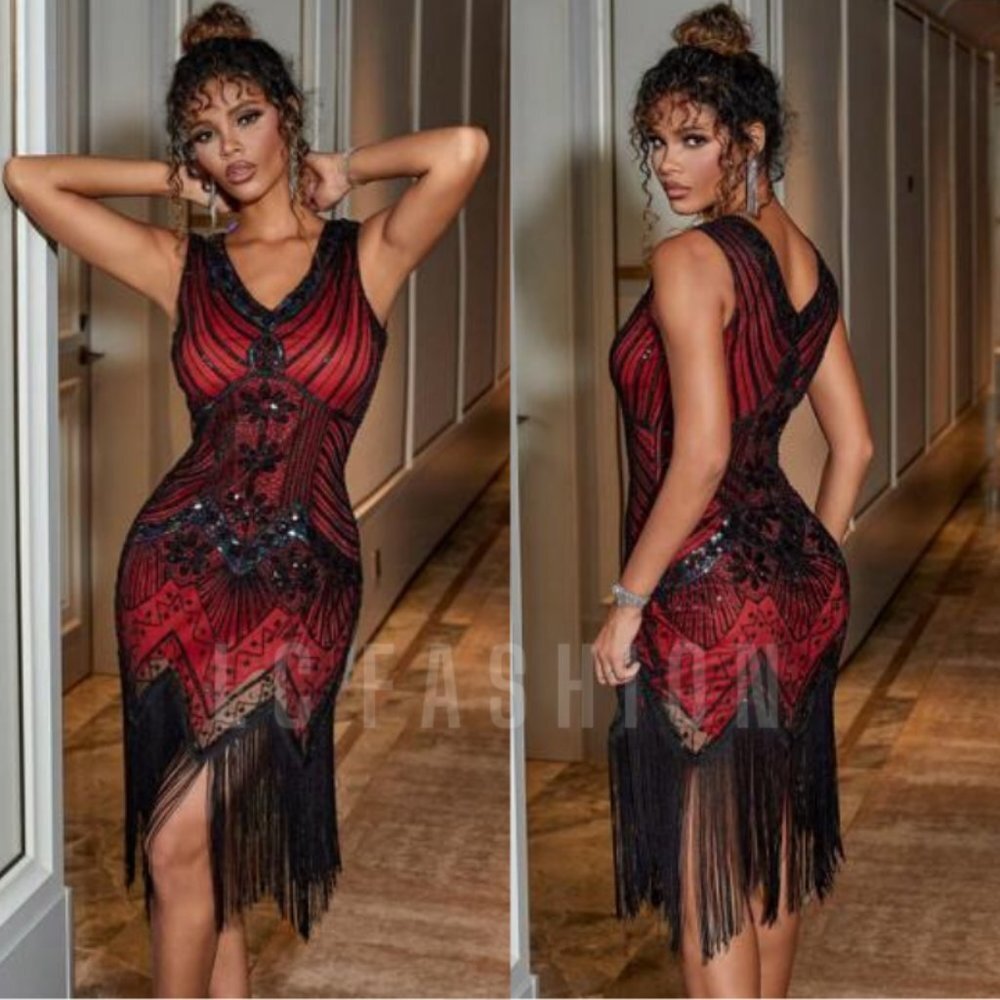 Bodycon Party Dress, Vintage Fringe Hem Sequin Bodycon Party Dress